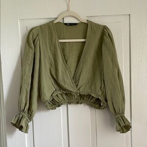 Zara Green Puff Sleeve Crop Blouse